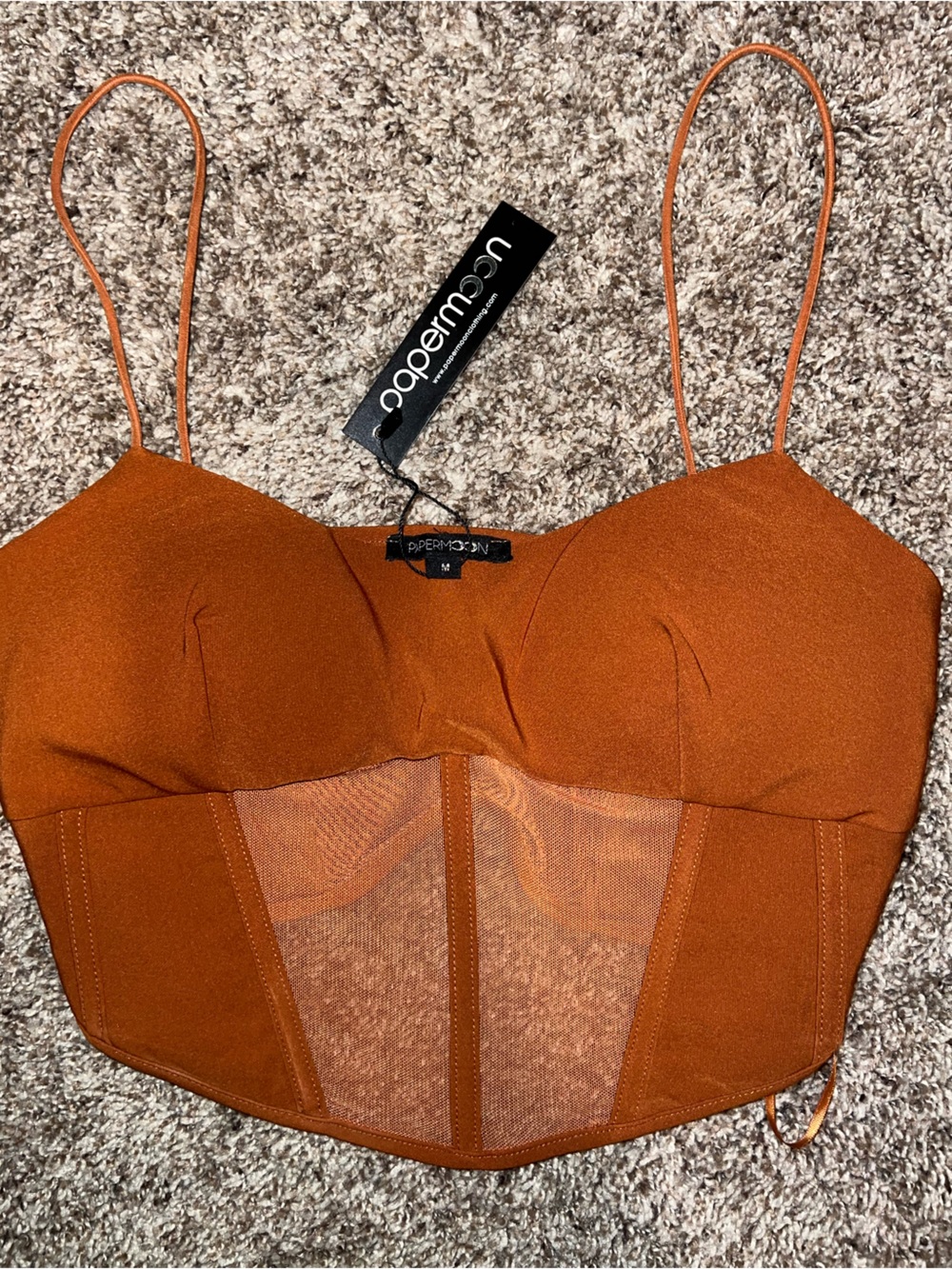 Papermoon Rust Orange Bustier Corset Crop Top with Mesh Panel